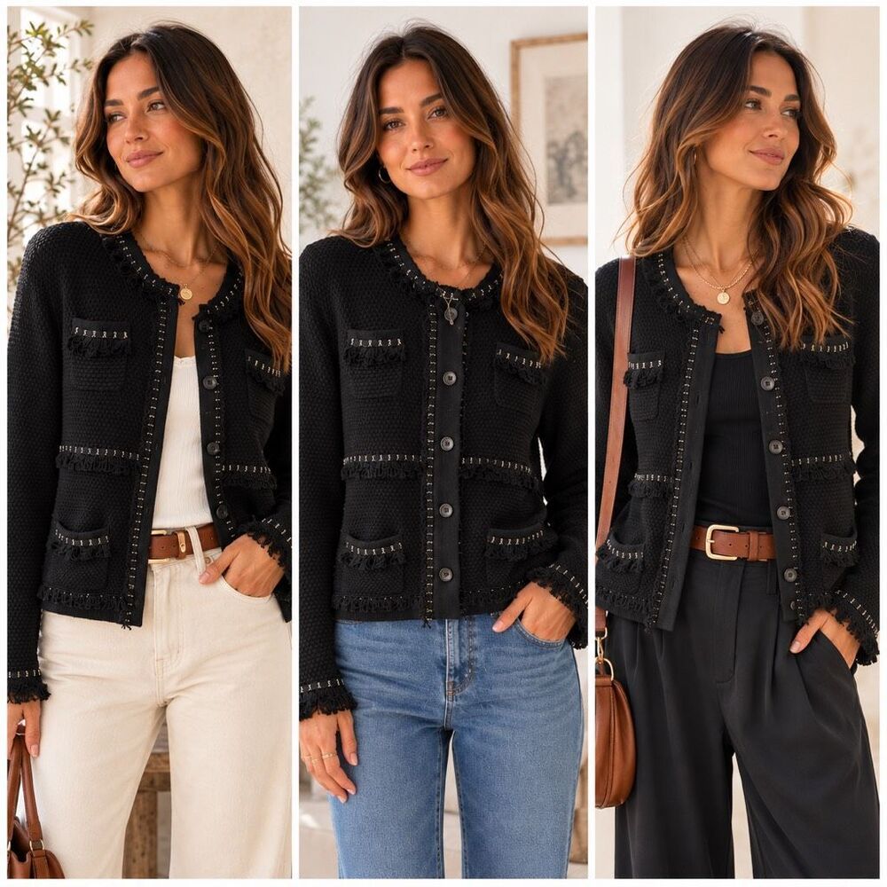 Venue Fringe Sweater Cardigan Jacket with gold accent sz L runs smaller